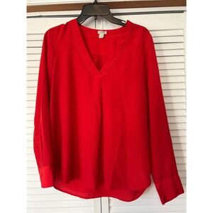J Crew Red V Neck Long Sleeve Pleated Casual Blouse Top‎ Women Size M Holiday